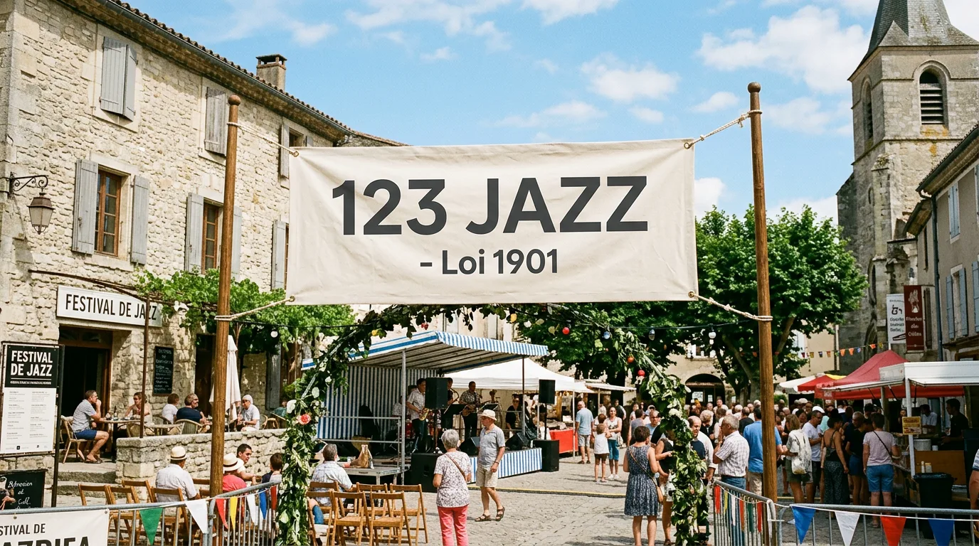 Bannière officielle de 123 JAZZ déployée lors d'une manifestation publique à Clermont-l'Hérault